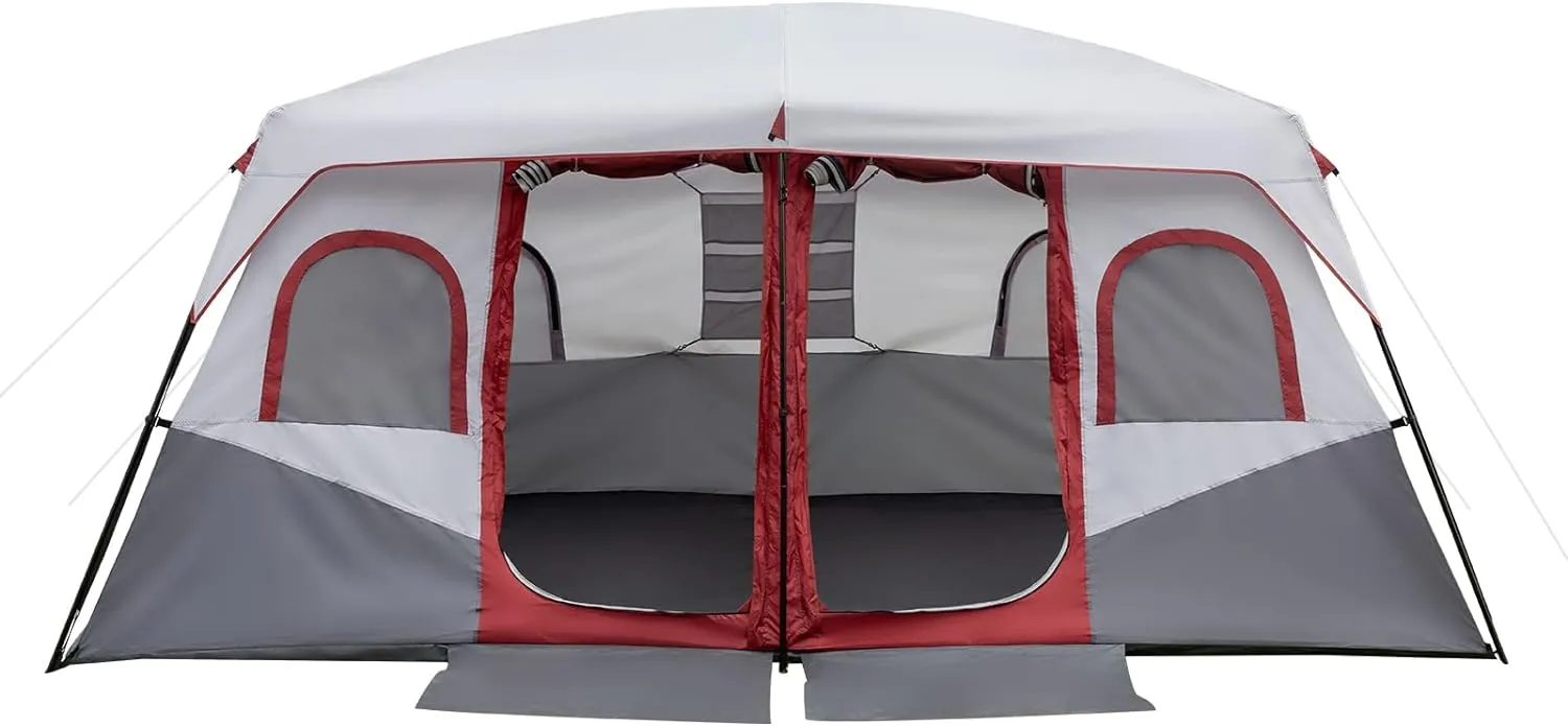 10-Person Camping Tent, 159.4"x120"x78.7", Spacious Design, Red and White, Includes Rainfly and Divider