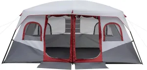 10 Person Family Cabin Tent, 2 Room Large Camping Tent with Storage Pockets - Spacious Hiking Shelter, Rainfly Included, Easy Setup (Red & White)