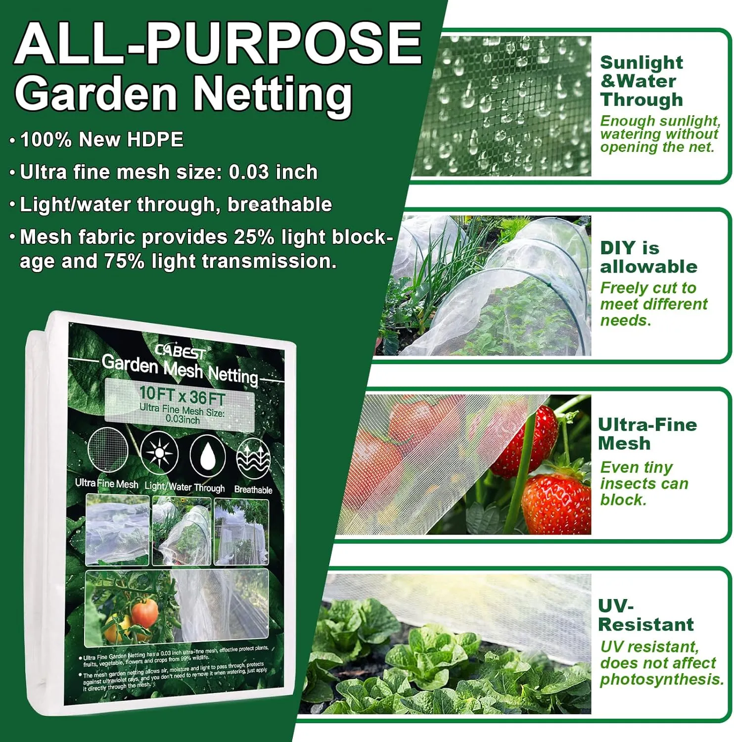 10x53FT Garden Insect Mesh Netting Trellis Netting for Greenhouse Plant Cover, Breathable, Light and Water Permeable, Plant Row Cover Raised Bed Barrier Screen Protection Net Cover (10ft x 53ft)
