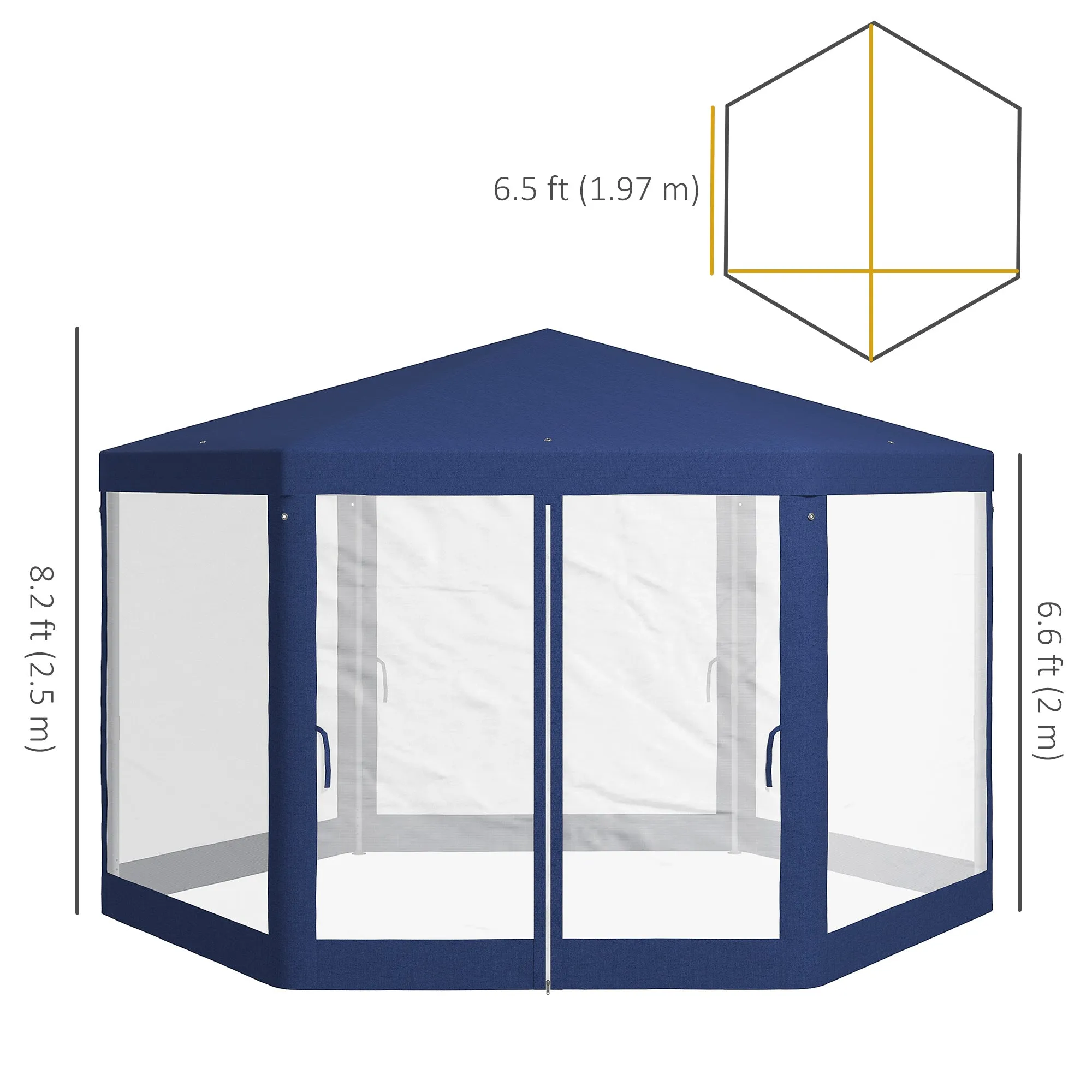 Φ13' Hexagon Party Tent Patio Gazebo Outdoor Activity Event Canopy Quick Sun Shelter Pavilion with Netting Mesh Sidewall Blue