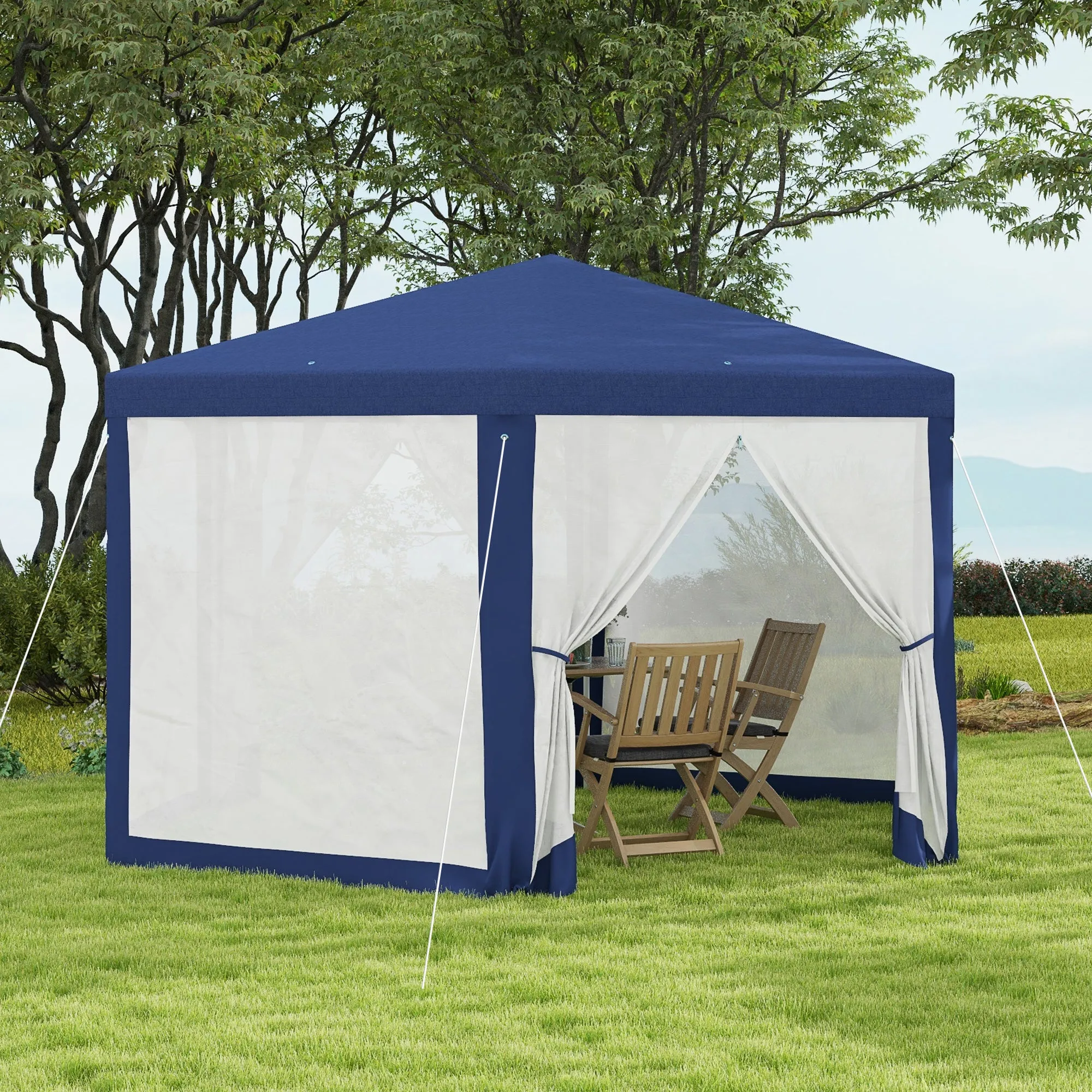 Φ13' Hexagon Party Tent Patio Gazebo Outdoor Activity Event Canopy Quick Sun Shelter Pavilion with Netting Mesh Sidewall Blue