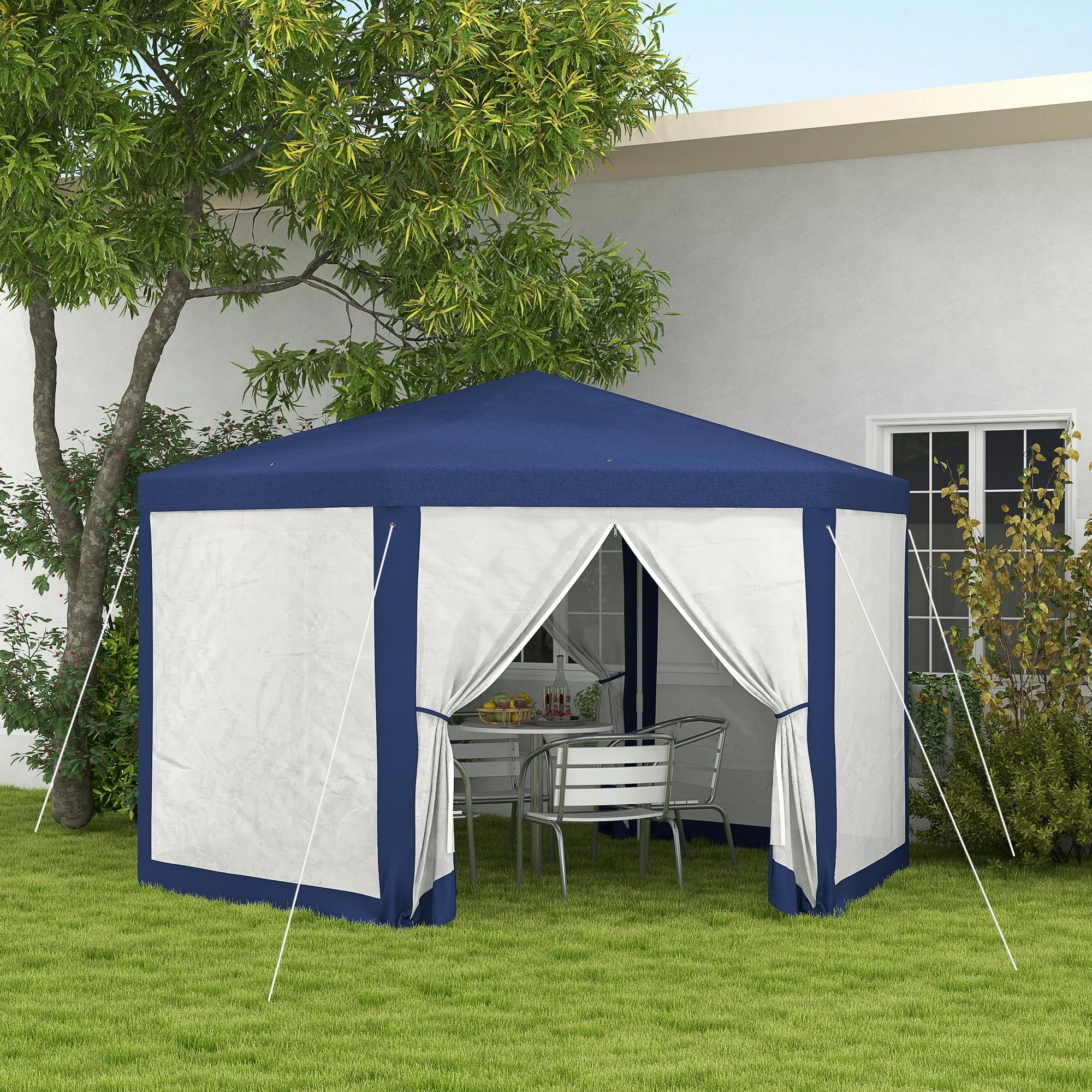 Φ13' Hexagon Party Tent Patio Gazebo Outdoor Activity Event Canopy Quick Sun Shelter Pavilion with Netting Mesh Sidewall Blue