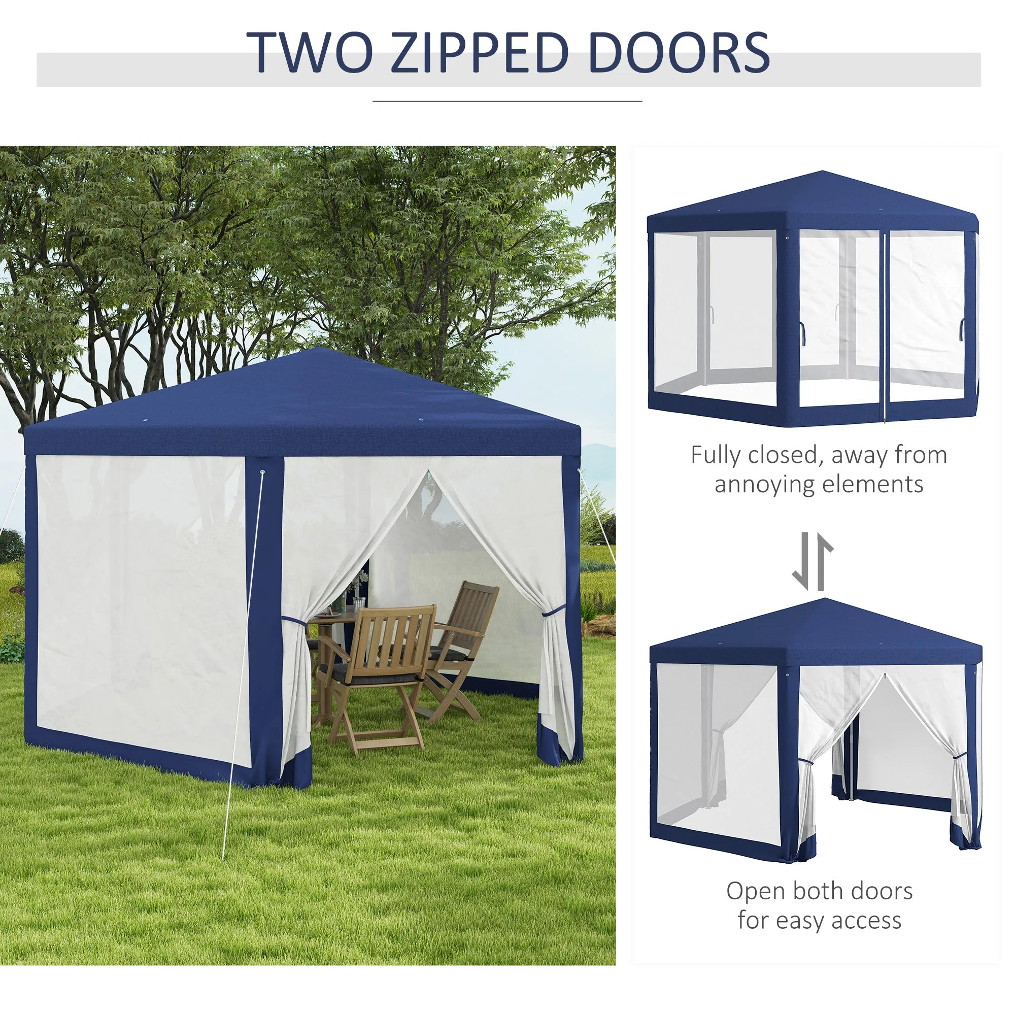 Φ13' Hexagon Party Tent Patio Gazebo Outdoor Activity Event Canopy Quick Sun Shelter Pavilion with Netting Mesh Sidewall Blue