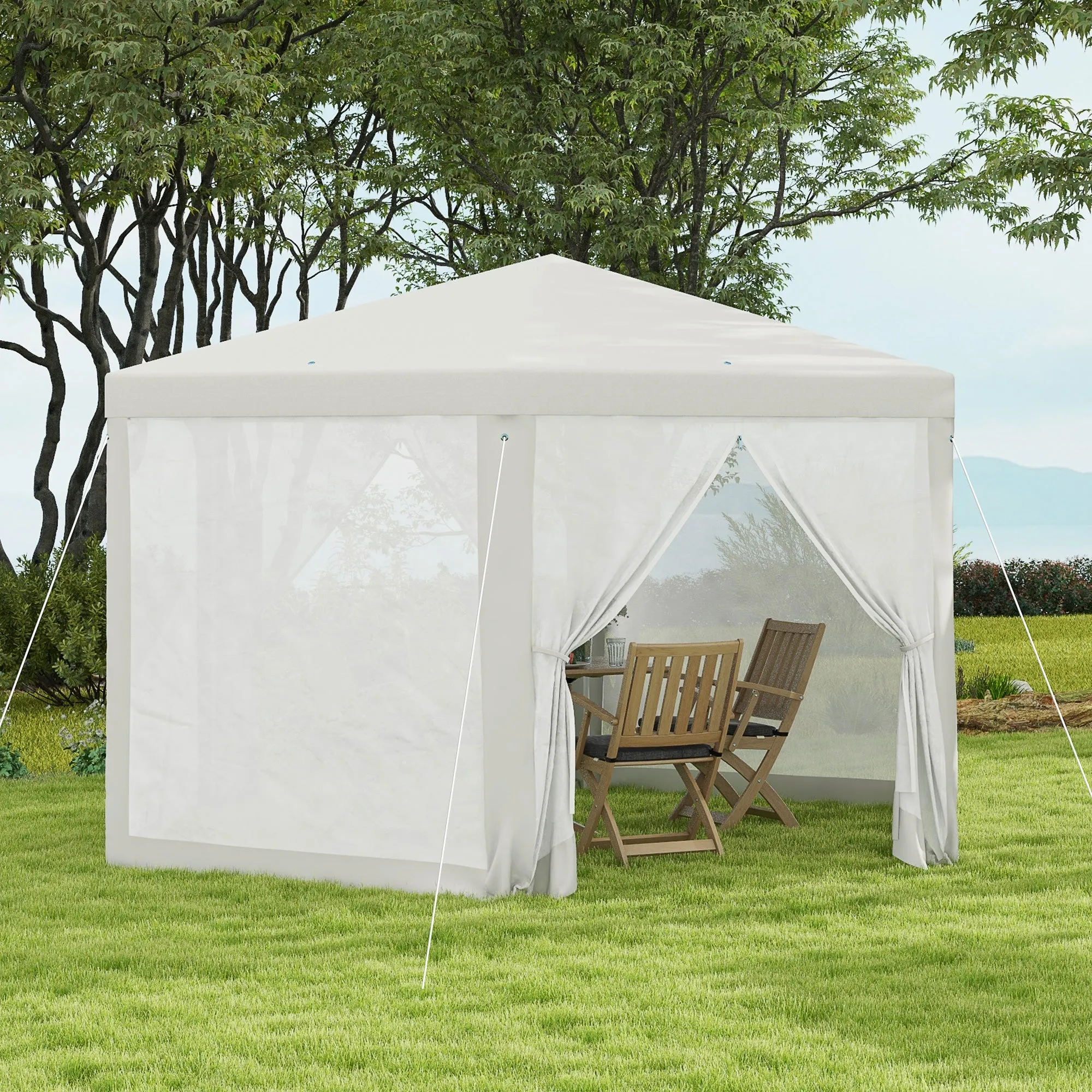 Φ13' Hexagon Party Tent Patio Gazebo Outdoor Activity Event Canopy Quick Sun Shelter Pavilion with Netting Mesh Sidewall Cream White