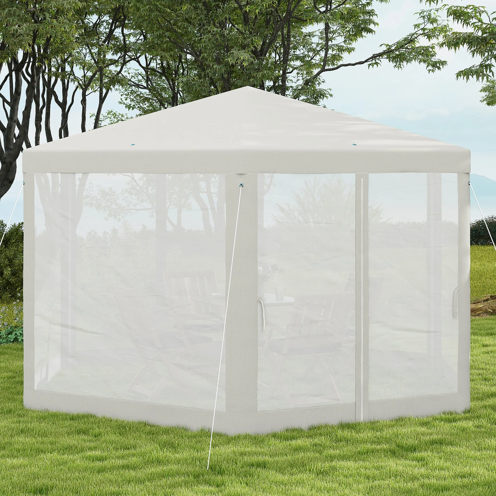 Φ13' Hexagon Party Tent Patio Gazebo Outdoor Activity Event Canopy Quick Sun Shelter Pavilion with Netting Mesh Sidewall Cream White