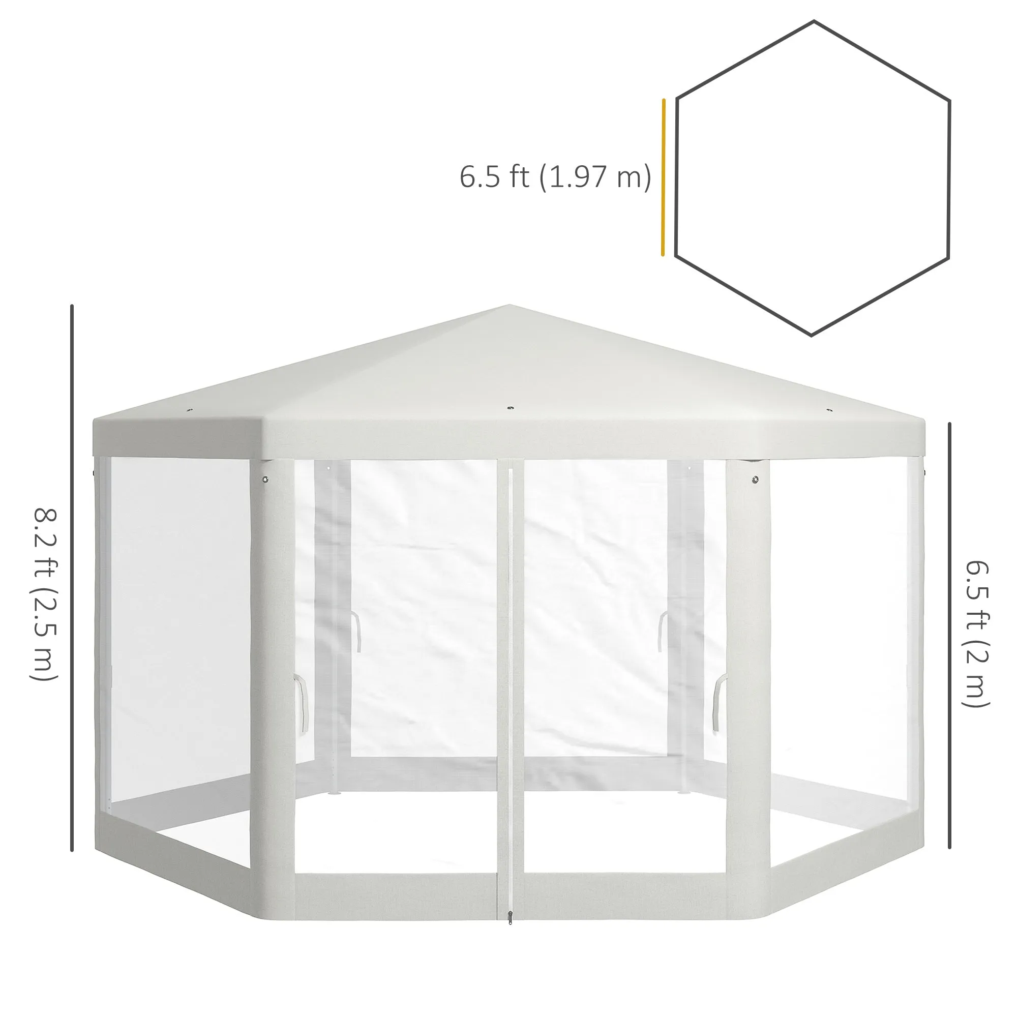 Φ13' Hexagon Party Tent Patio Gazebo Outdoor Activity Event Canopy Quick Sun Shelter Pavilion with Netting Mesh Sidewall Cream White