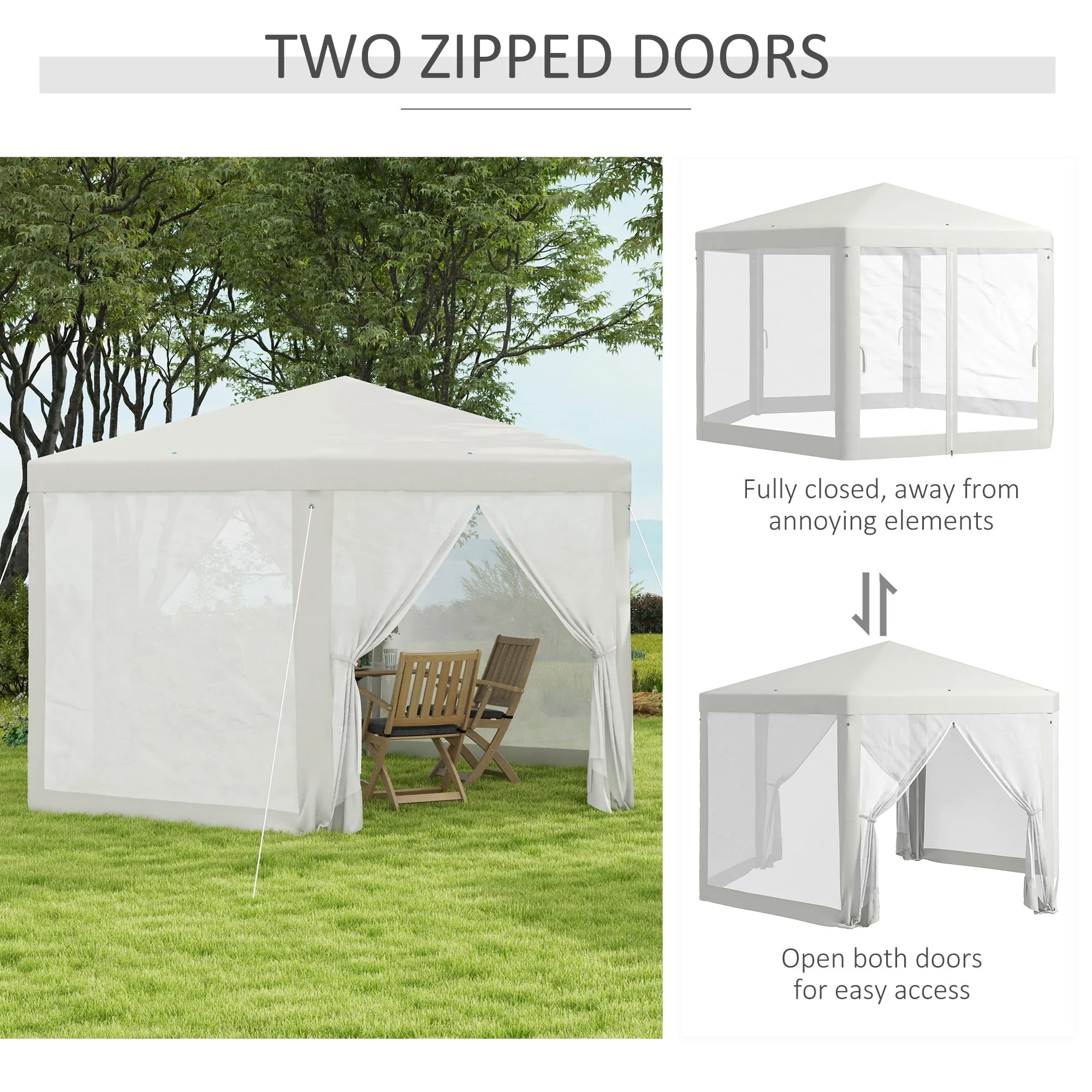 Φ13' Hexagon Party Tent Patio Gazebo Outdoor Activity Event Canopy Quick Sun Shelter Pavilion with Netting Mesh Sidewall Cream White