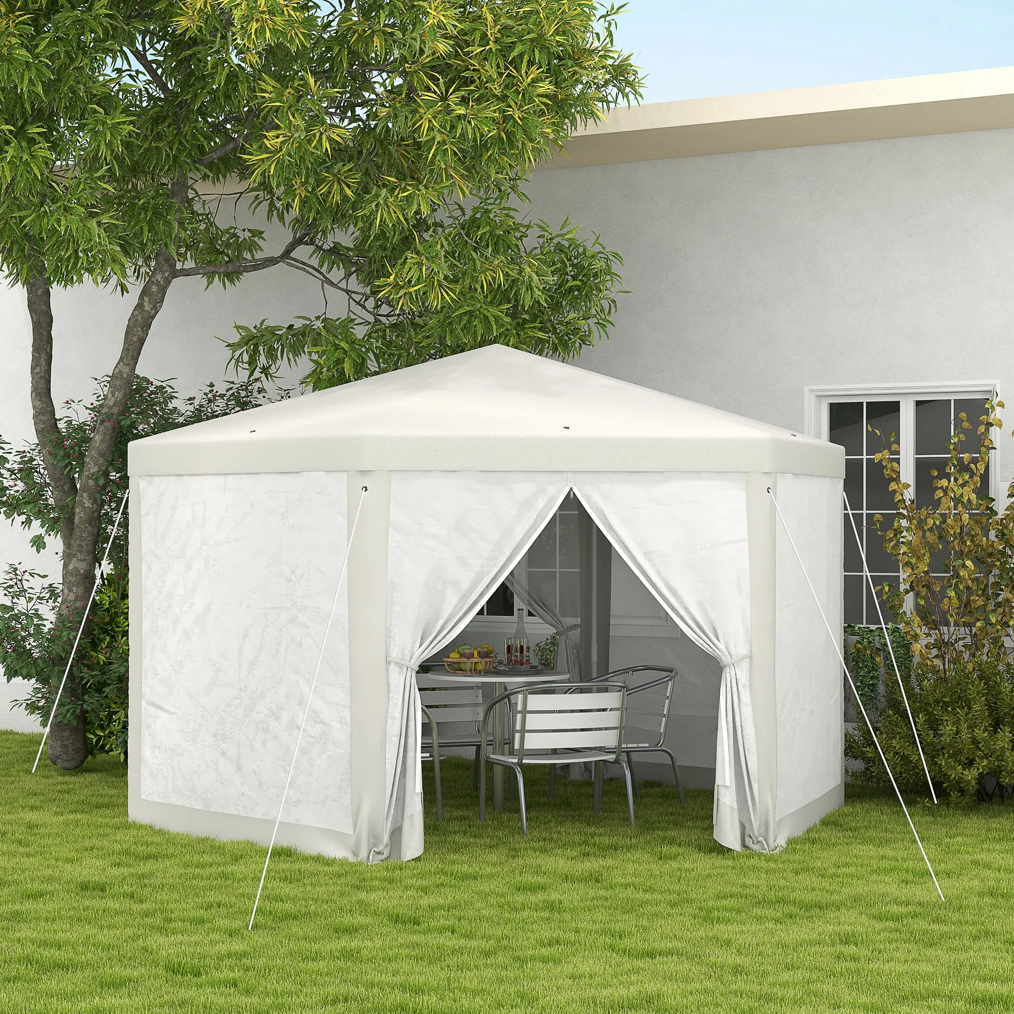 Φ13' Hexagon Party Tent Patio Gazebo Outdoor Activity Event Canopy Quick Sun Shelter Pavilion with Netting Mesh Sidewall Cream White