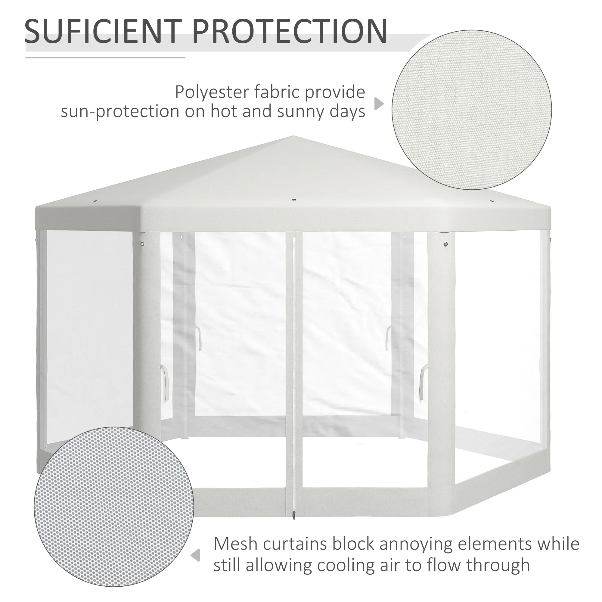 Φ13' Hexagon Party Tent Patio Gazebo Outdoor Activity Event Canopy Quick Sun Shelter Pavilion with Netting Mesh Sidewall Cream White