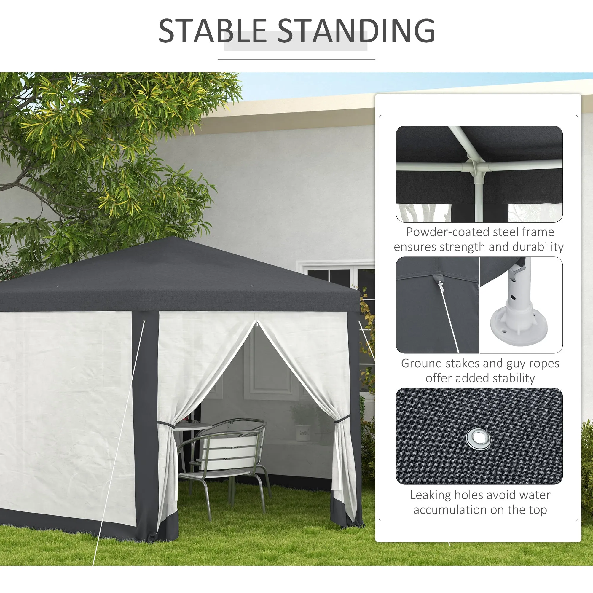 Φ13' Hexagon Party Tent Patio Gazebo Outdoor Activity Event Canopy Quick Sun Shelter Pavilion with Netting Mesh Sidewall Dark Grey