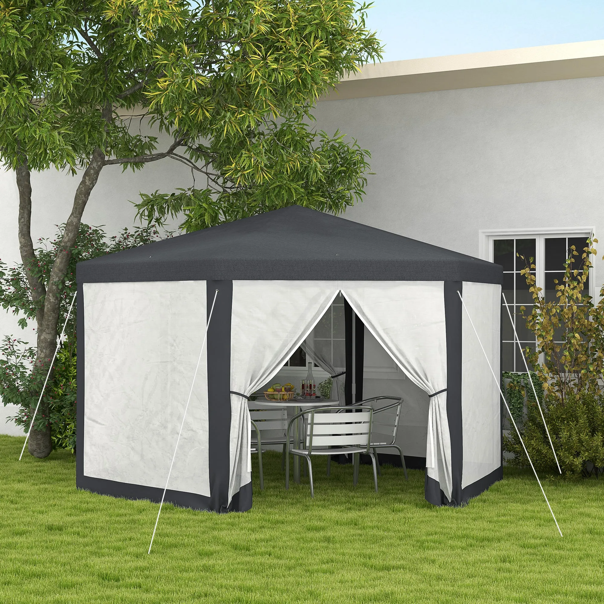 Φ13' Hexagon Party Tent Patio Gazebo Outdoor Activity Event Canopy Quick Sun Shelter Pavilion with Netting Mesh Sidewall Dark Grey