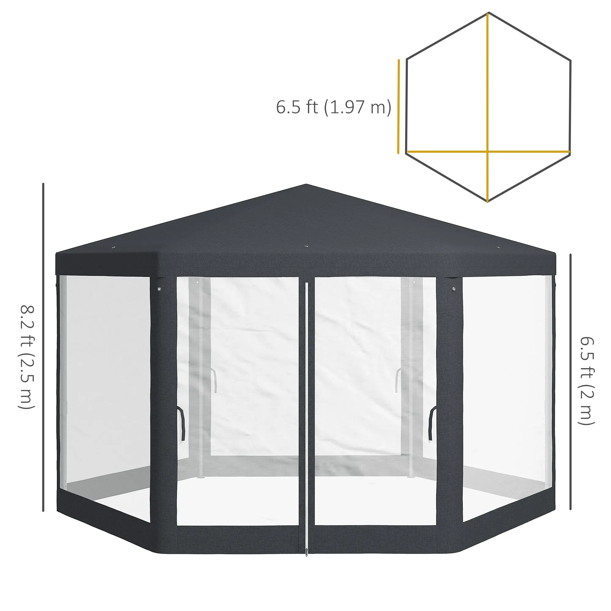 Φ13' Hexagon Party Tent Patio Gazebo Outdoor Activity Event Canopy Quick Sun Shelter Pavilion with Netting Mesh Sidewall Dark Grey