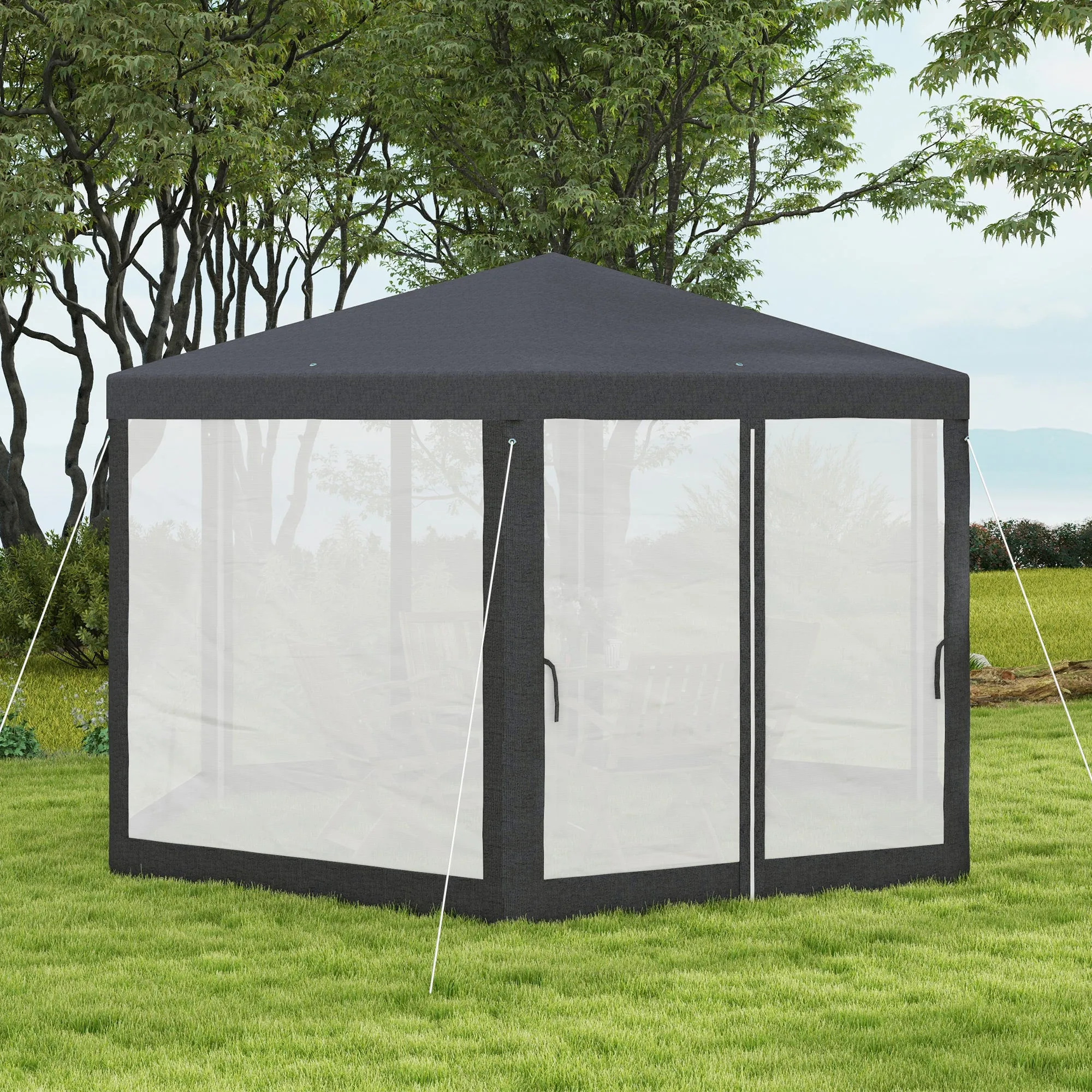 Φ13' Hexagon Party Tent Patio Gazebo Outdoor Activity Event Canopy Quick Sun Shelter Pavilion with Netting Mesh Sidewall Dark Grey