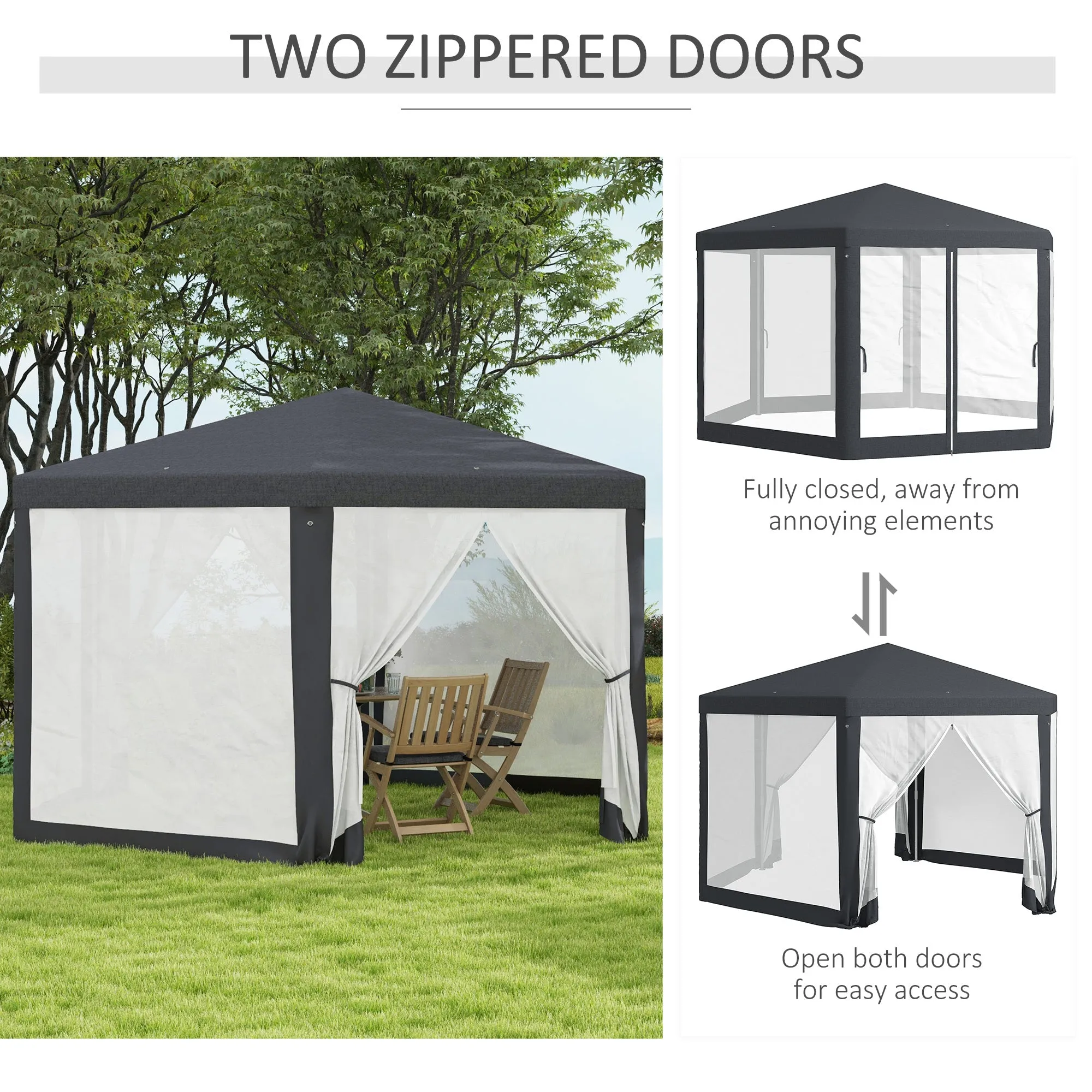 Φ13' Hexagon Party Tent Patio Gazebo Outdoor Activity Event Canopy Quick Sun Shelter Pavilion with Netting Mesh Sidewall Dark Grey