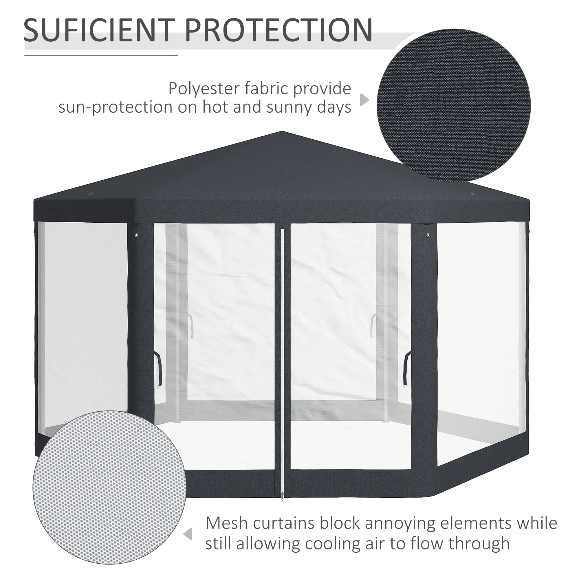 Φ13' Hexagon Party Tent Patio Gazebo Outdoor Activity Event Canopy Quick Sun Shelter Pavilion with Netting Mesh Sidewall Dark Grey