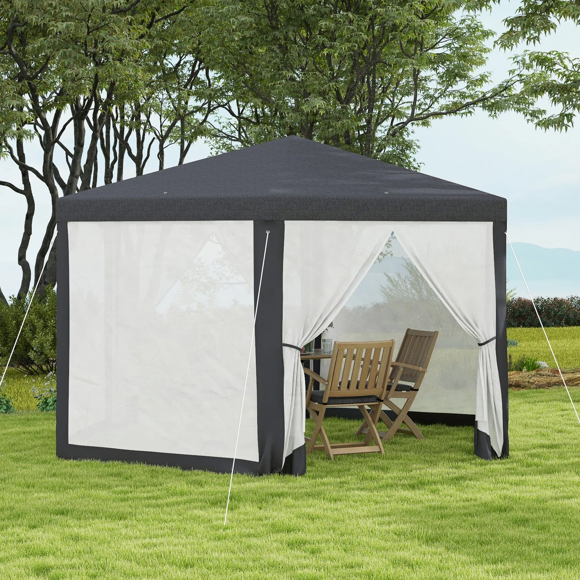Φ13' Hexagon Party Tent Patio Gazebo Outdoor Activity Event Canopy Quick Sun Shelter Pavilion with Netting Mesh Sidewall Dark Grey