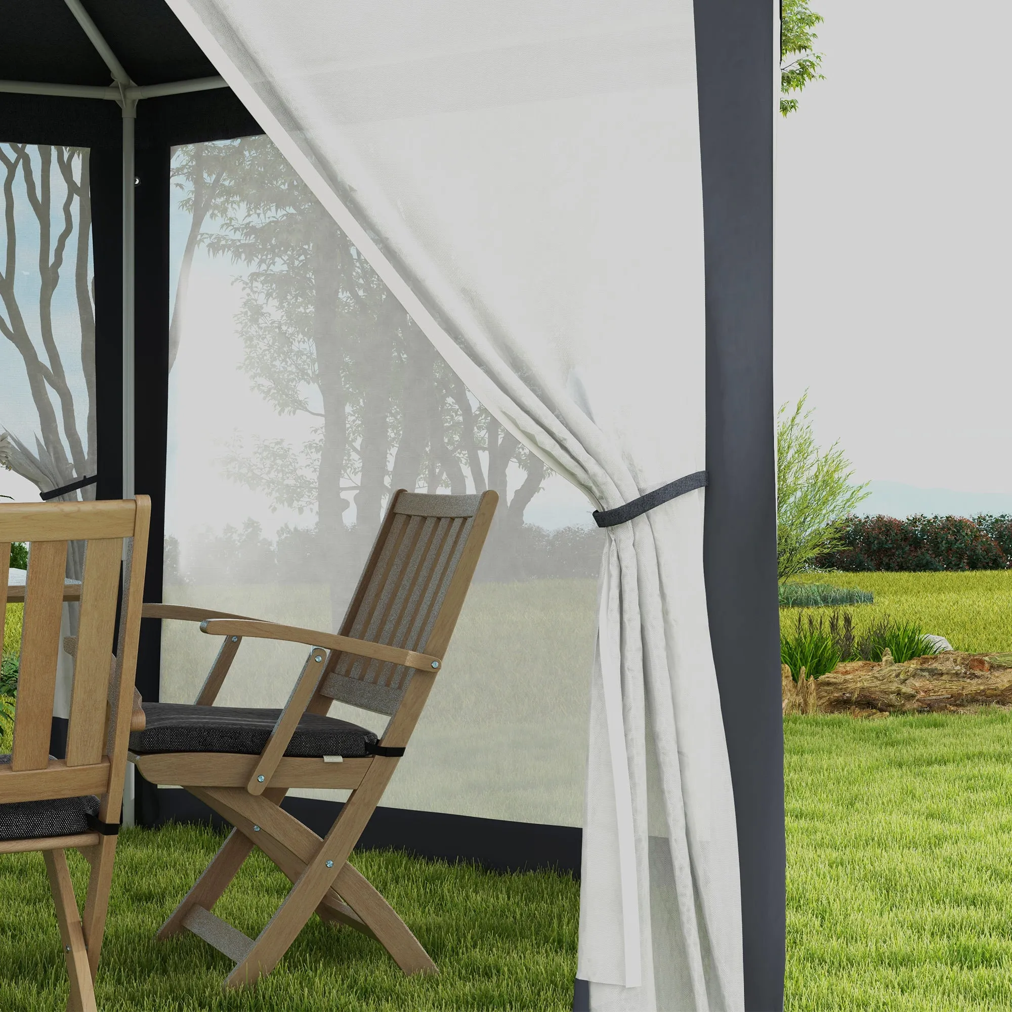 Φ13' Hexagon Party Tent Patio Gazebo Outdoor Activity Event Canopy Quick Sun Shelter Pavilion with Netting Mesh Sidewall Dark Grey