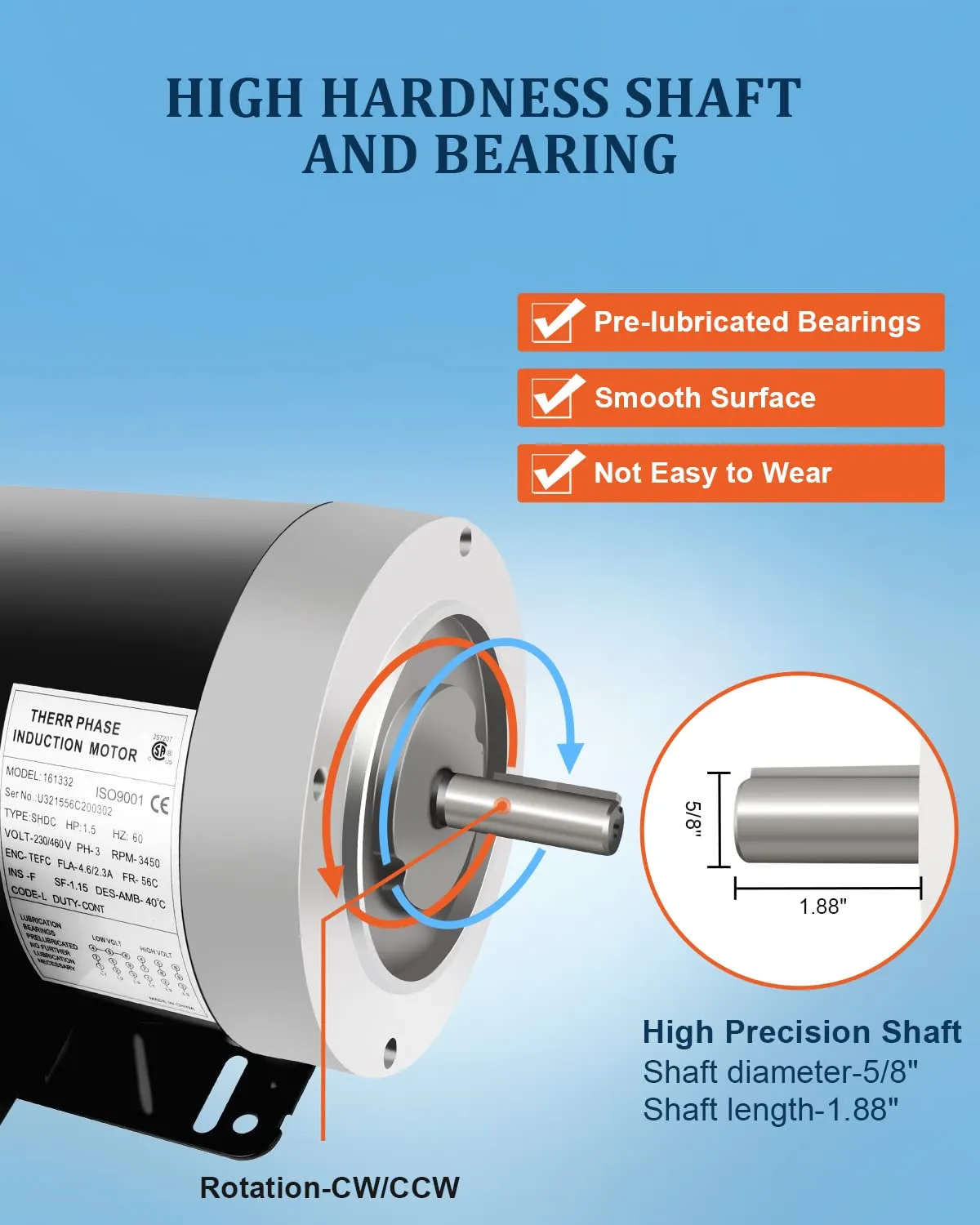 1.5HP General Electric Motor, Three Phase General Motor, 5/8"Shaft Diameter 2 Pole, 60HZ, 3450RPM, 230/460V