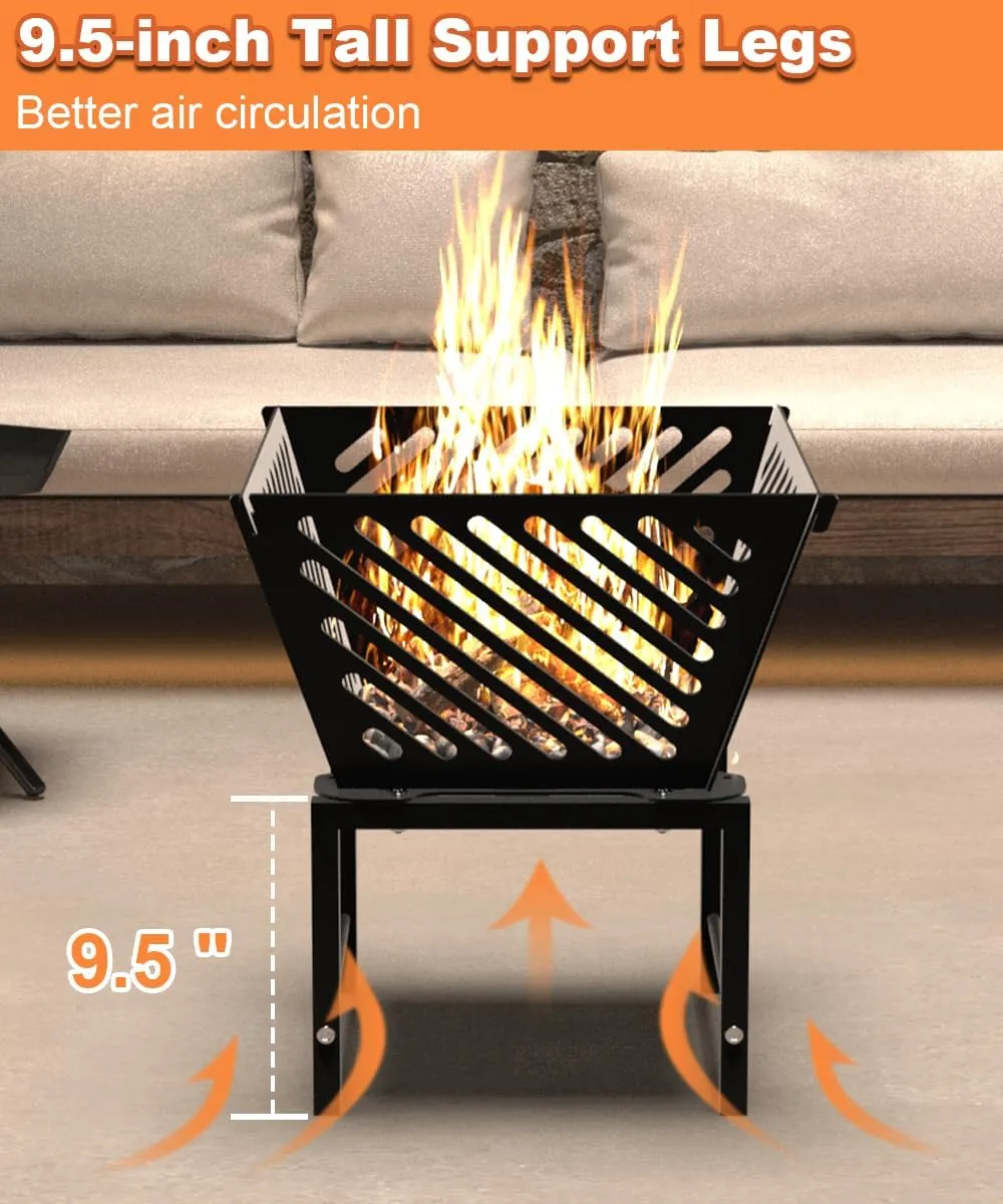 17 Inch Outdoor Fire Pit for Camping, Heavy Duty Portable Wood Burning Firepits Stove with Storage Bag for Outside Patio, Heating, Picnic, Campfire and BBQ, Trapezoid Diagonal Hollow, Black