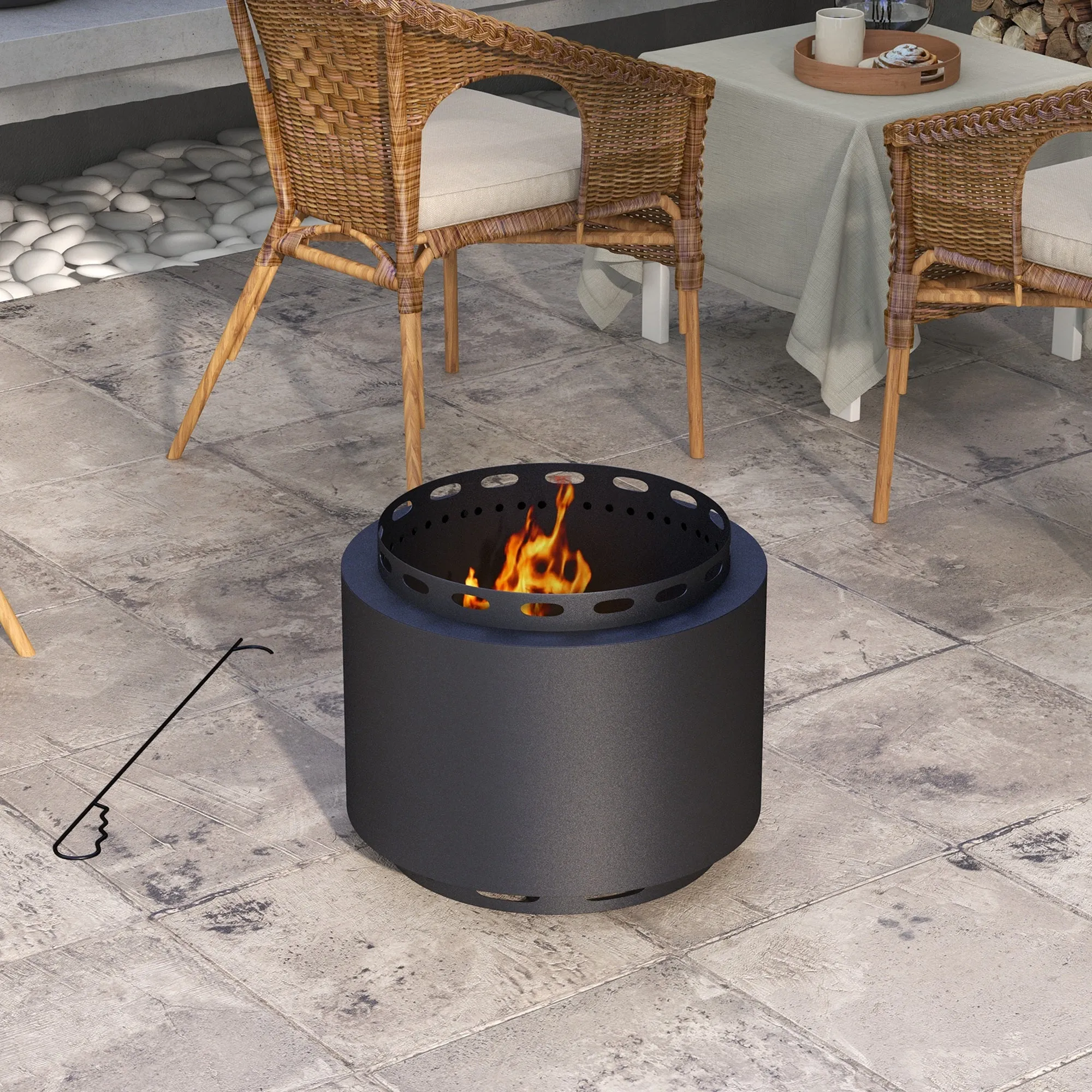 19" Portable Metal Smokeless Fire Pit with Poker for Garden Camping Bonfire Party, Black
