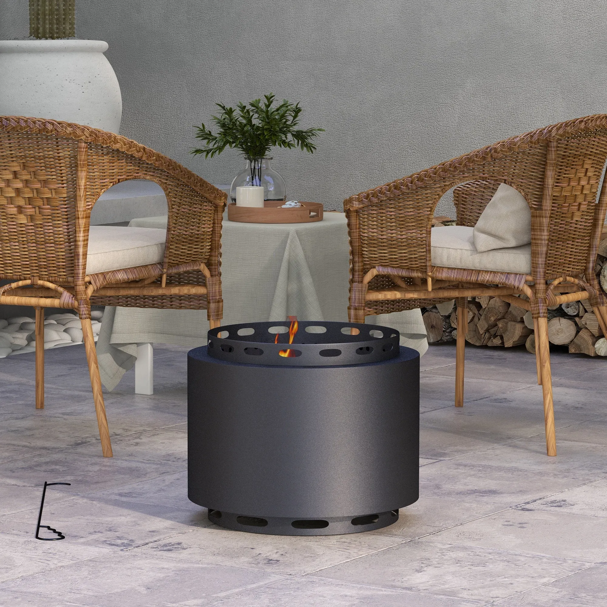 19" Portable Metal Smokeless Fire Pit with Poker for Garden Camping Bonfire Party, Black