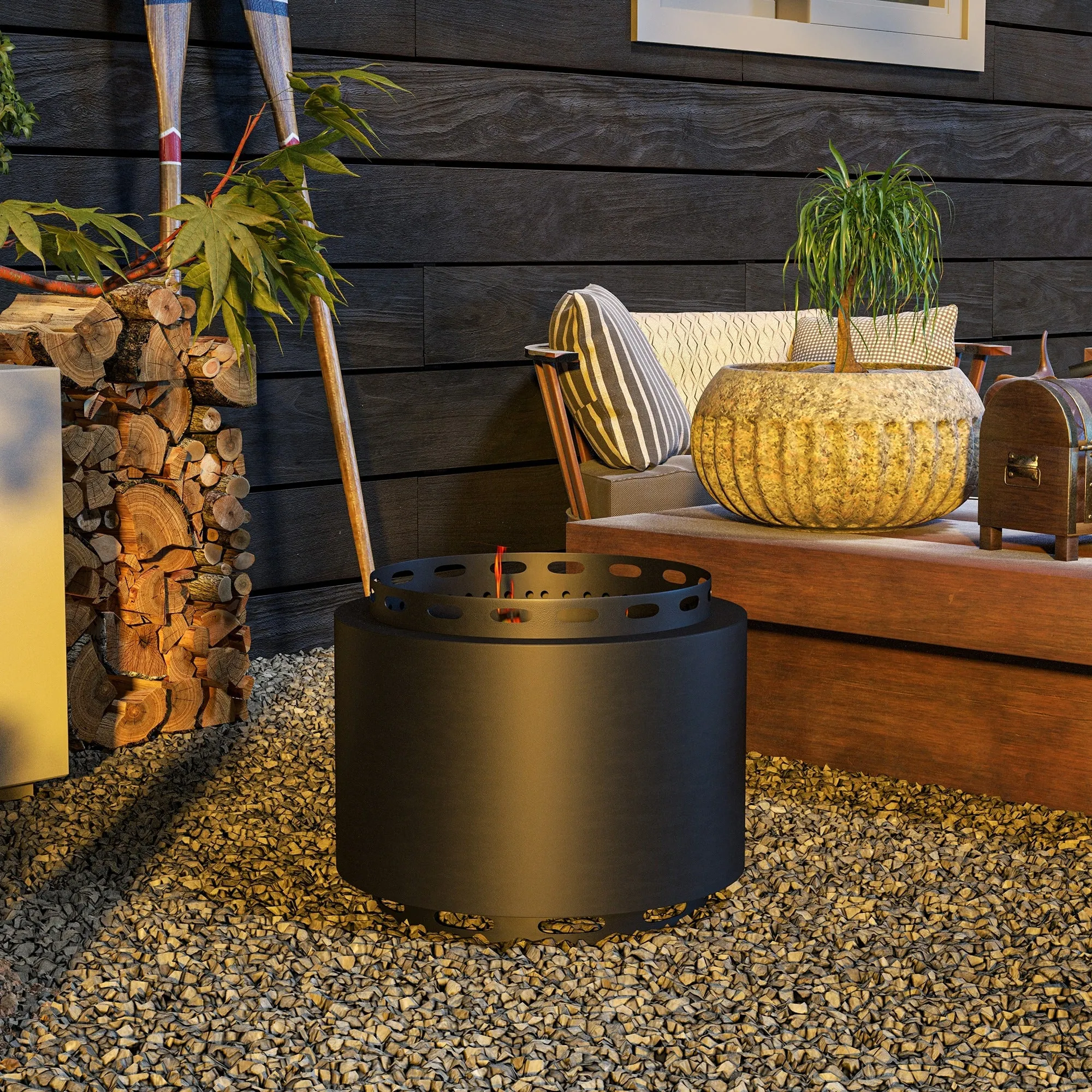19" Portable Metal Smokeless Fire Pit with Poker for Garden Camping Bonfire Party, Black