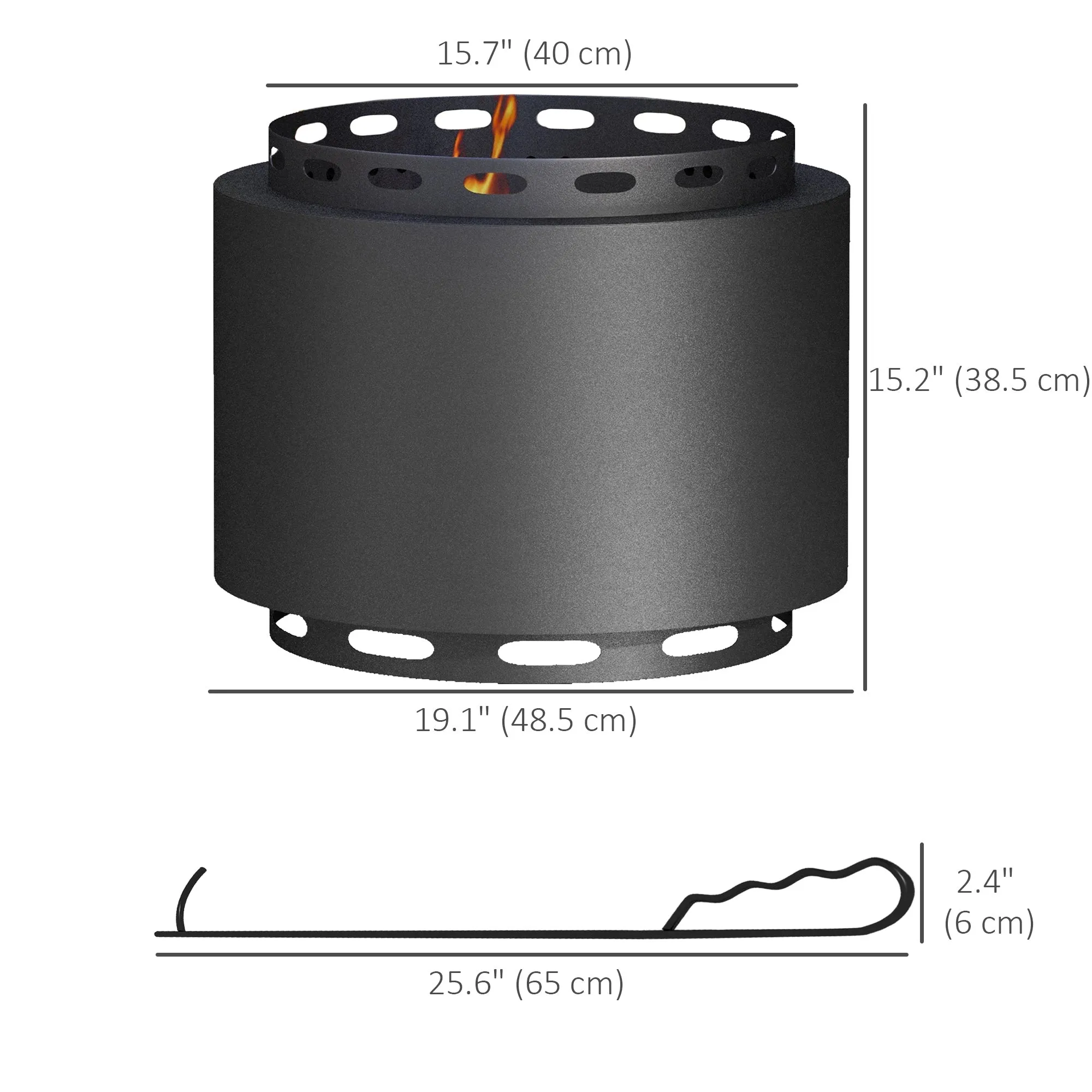 19" Portable Metal Smokeless Fire Pit with Poker for Garden Camping Bonfire Party, Black