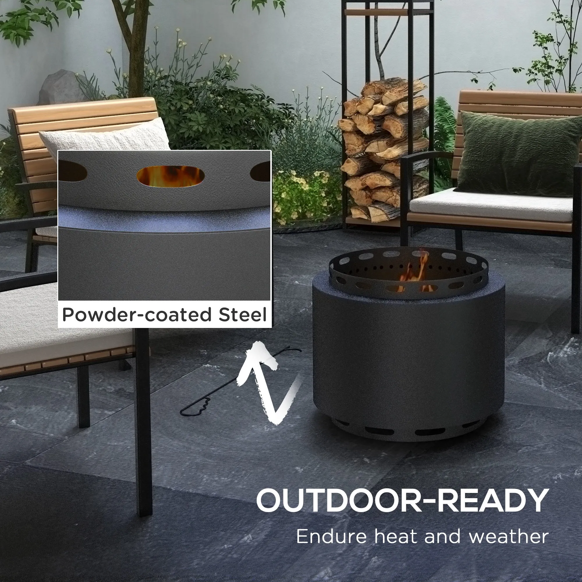 19" Portable Metal Smokeless Fire Pit with Poker for Garden Camping Bonfire Party, Black