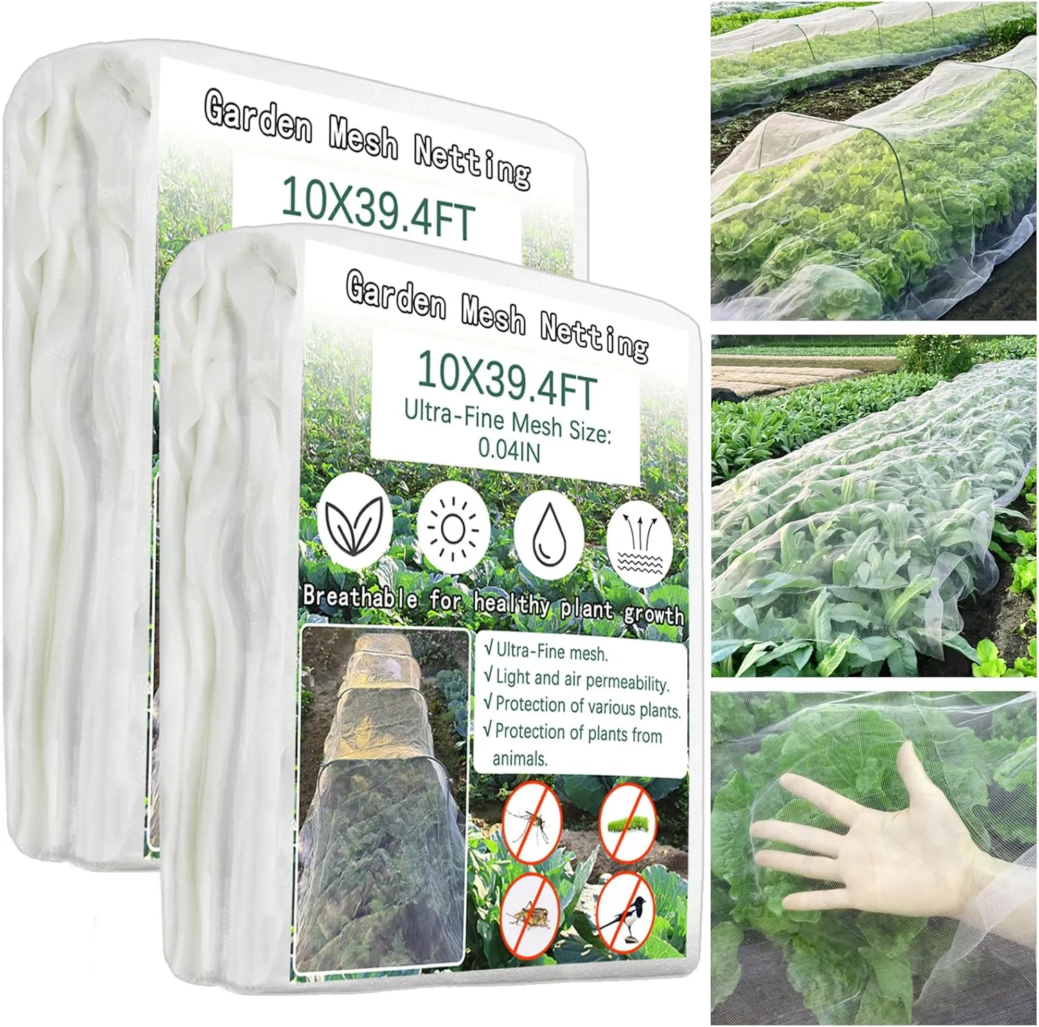2 Pack Garden Netting 10x39.4Ft Ultra Fine Mesh Insect Netting for Garden Protection,Reusable Barrier Protection Mesh Plants Cover for Protect Vegetables Plants Fruits Flowers Crops from Animals