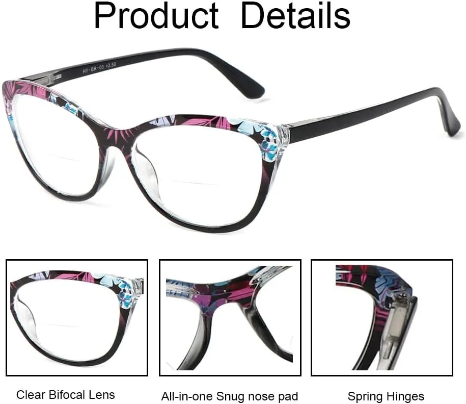 2 Pairs Cat-eye Bifocal Reading Glasses Women With Spring Hinge, Designer Floral Printed Frame Readers 2.0X