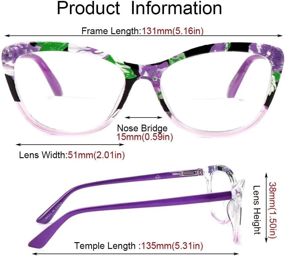 2 Pairs Cat-eye Bifocal Reading Glasses Women With Spring Hinge, Designer Floral Printed Frame Readers 2.0X