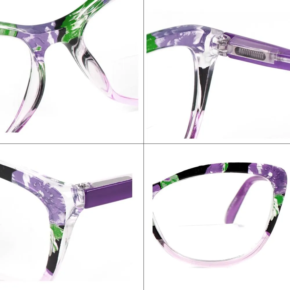 2 Pairs Cat-eye Bifocal Reading Glasses Women With Spring Hinge, Designer Floral Printed Frame Readers 2.0X