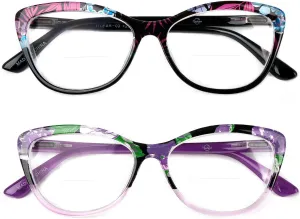 2 Pairs Cat-eye Bifocal Reading Glasses Women With Spring Hinge, Designer Floral Printed Frame Readers 2.0X