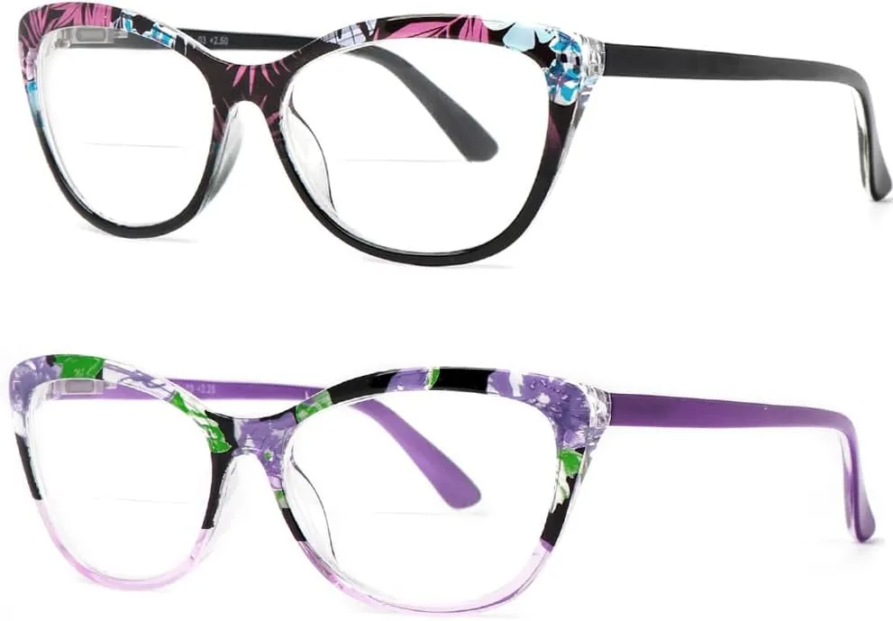2 Pairs Cat-eye Bifocal Reading Glasses Women With Spring Hinge, Designer Floral Printed Frame Readers 2.0X