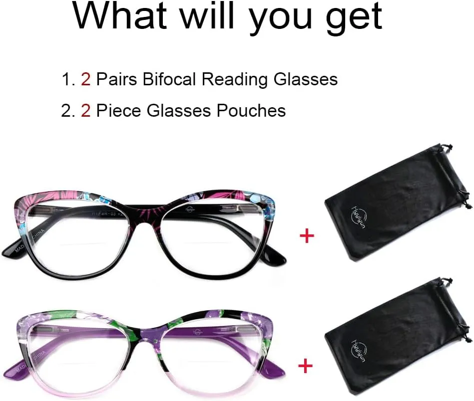 2 Pairs Cat-eye Bifocal Reading Glasses Women With Spring Hinge, Designer Floral Printed Frame Readers 2.0X