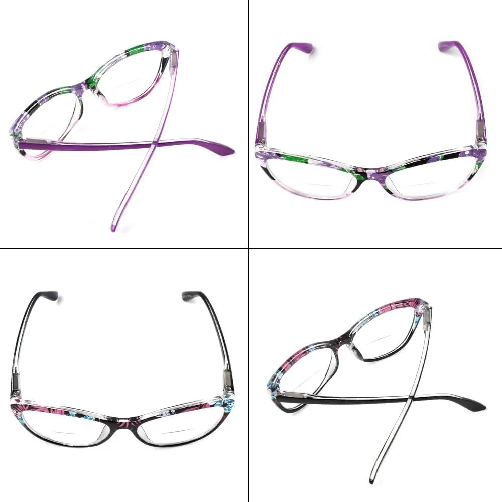2 Pairs Cat-eye Bifocal Reading Glasses Women With Spring Hinge, Designer Floral Printed Frame Readers 2.0X