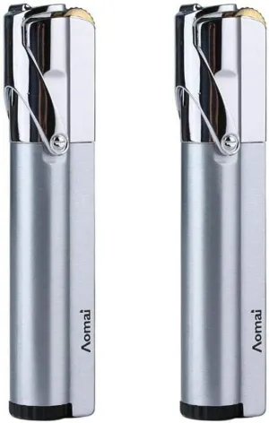 2 Pcs Slim Metal Portable Jet Torch Flame 1300'C Lighter Adjustable & Lockable Fire with Strip Cigar Cigarette Lighter - Silver