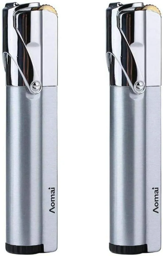 2 Pcs Slim Metal Portable Jet Torch Flame 1300'C Lighter Adjustable & Lockable Fire with Strip Cigar Cigarette Lighter - Silver