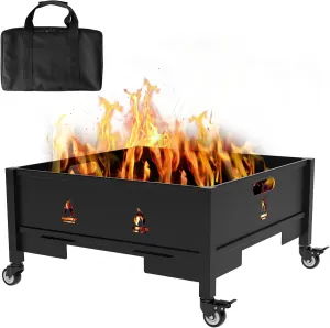 22 Inch Portable Fire Pit with Bag for Outside Wood Burning, Square Fire Pit Collapsible Fire Pit for Camping Travel Picnic Patio, Outdoor Firepit Foldable Fire Pit with Locking Caster