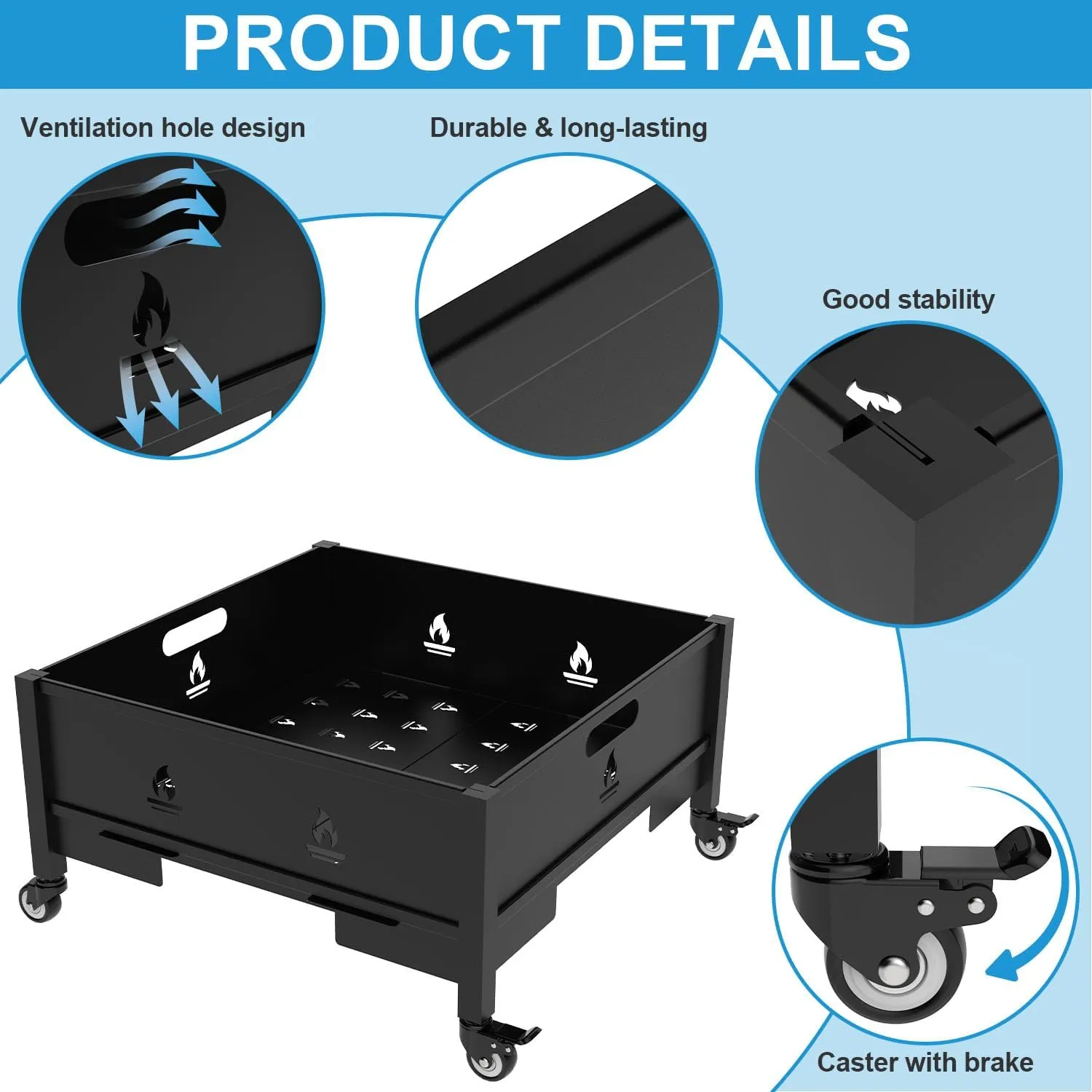 22 Inch Portable Fire Pit with Bag for Outside Wood Burning, Square Fire Pit Collapsible Fire Pit for Camping Travel Picnic Patio, Outdoor Firepit Foldable Fire Pit with Locking Caster