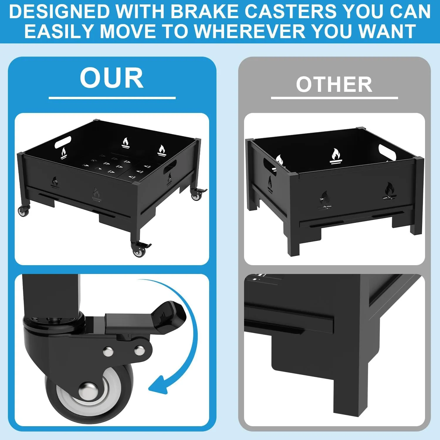 22 Inch Portable Fire Pit with Bag for Outside Wood Burning, Square Fire Pit Collapsible Fire Pit for Camping Travel Picnic Patio, Outdoor Firepit Foldable Fire Pit with Locking Caster