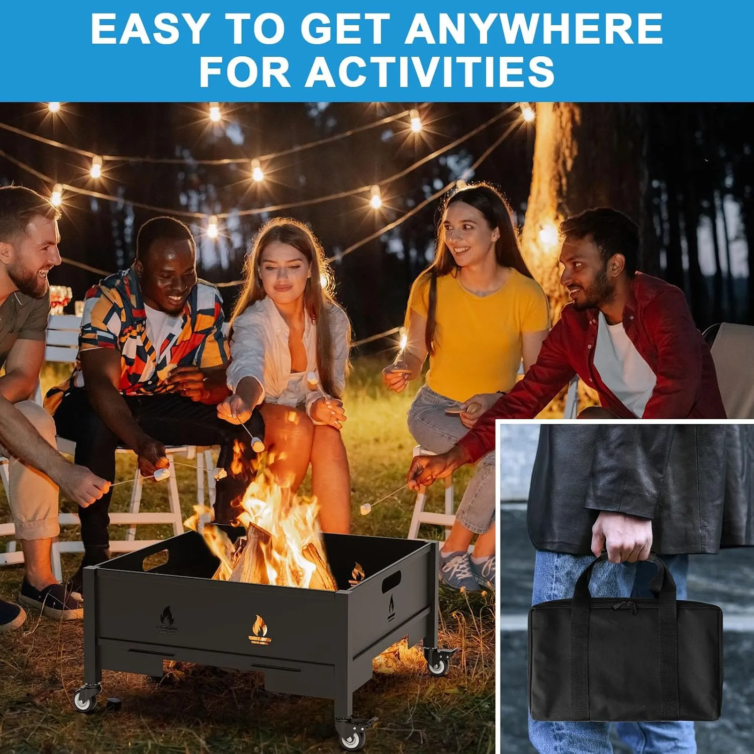 22 Inch Portable Fire Pit with Bag for Outside Wood Burning, Square Fire Pit Collapsible Fire Pit for Camping Travel Picnic Patio, Outdoor Firepit Foldable Fire Pit with Locking Caster