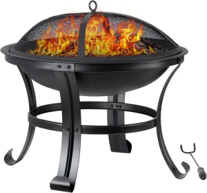 22 Inches Portable Fire Pit Outdoor Wood Burning Steel Lightweight BBQ Grill Firepit Bowl with Log Grate&Poker for Outside Patio Campfire Bonfire Backyard
