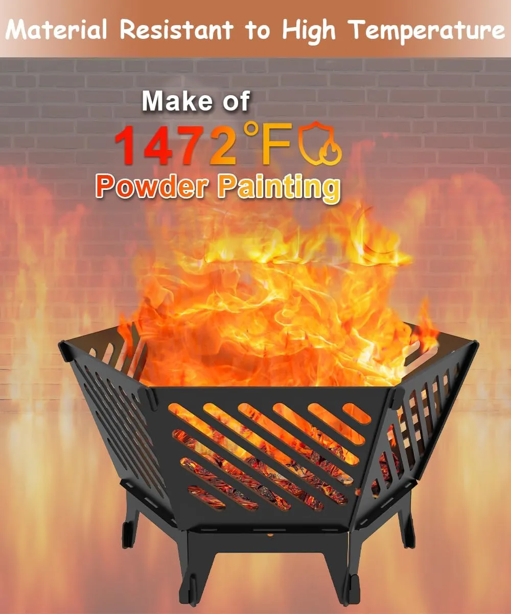22.5 Inch Portable Plug Fire Pit for Camping, Detachable Outdoor Wood Burning Firepit with Travel Bag for Outside Patio Heating, Picnic, Bonfire and BBQ, Diagonal Hollow Style