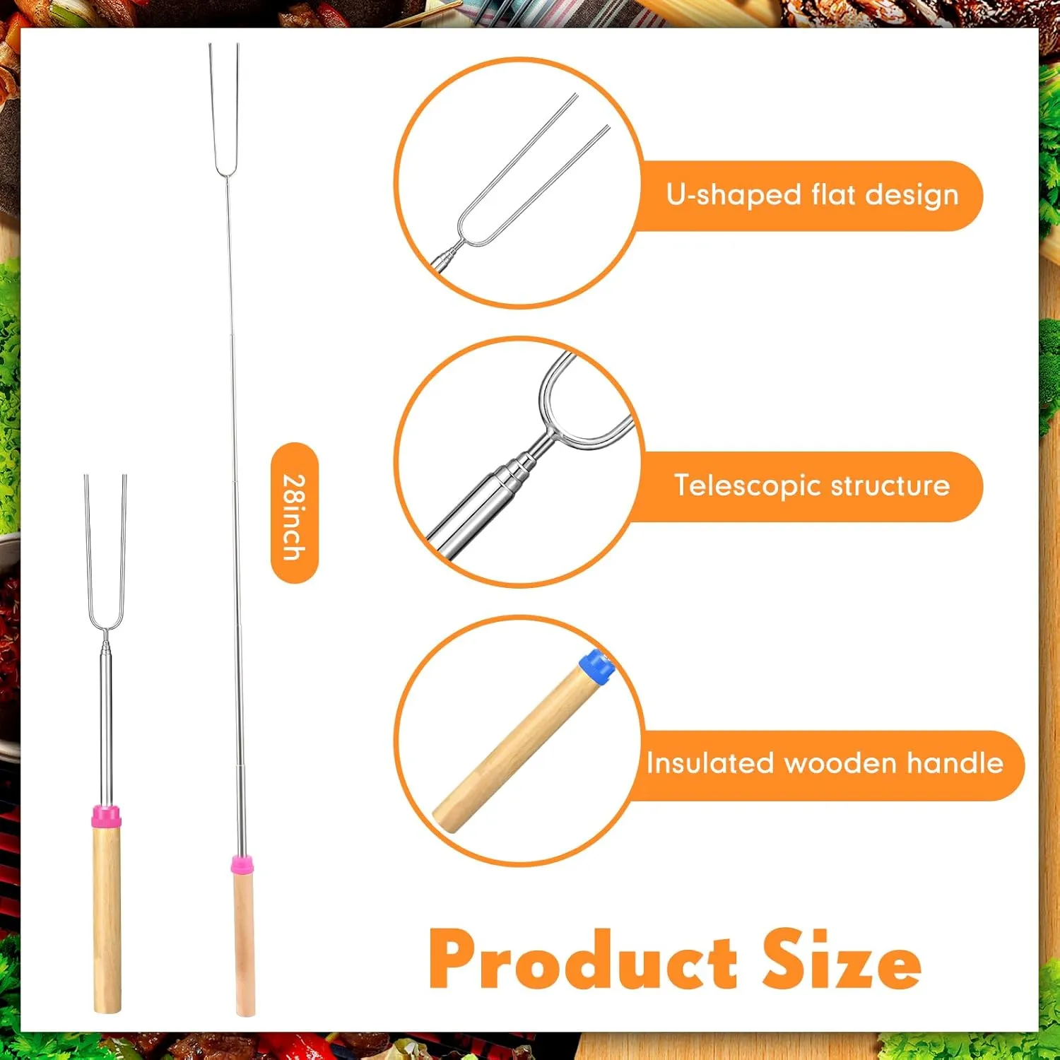 24 Pcs 28 Inch Marshmallow Roasting Sticks Bulk, Smores Skewers for Fire Pit, Hot Dog Camping Skewers Accessories Campfire Marshmellow Extendable Forks BBQ Tools Smores Sticks