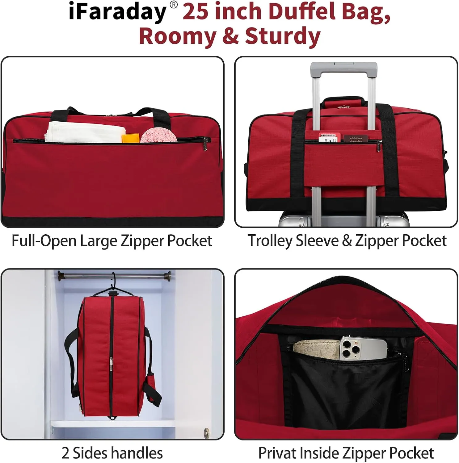 25 inch Travel Duffle Bag for Men - 40L Weekender Overnight Bag for Gym Sport - Red