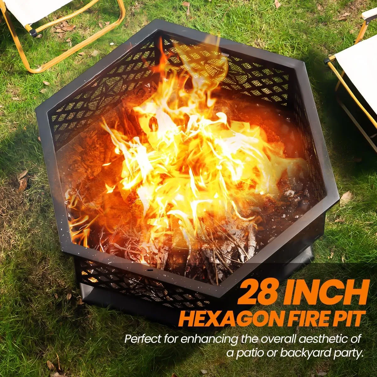 28 Inch Hex-Shaped Fire Pit,Wood Burning Fire Pits for Outside with Spark Screen&Poker,Metal Hexagon Outdoor Firepit for Backyard,Bonfire,Patio,Party,Garden,Picnic and Camping,Black