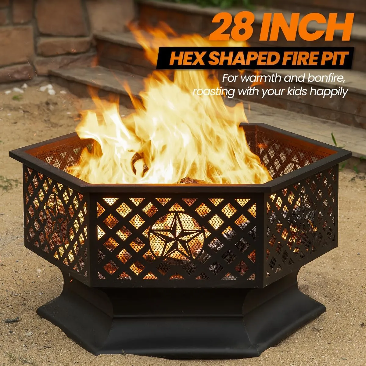 28 Inch Hex-Shaped Fire Pit,Wood Burning Fire Pits for Outside with Spark Screen&Poker,Metal Hexagon Outdoor Firepit for Backyard,Bonfire,Patio,Party,Garden,Picnic and Camping,Black