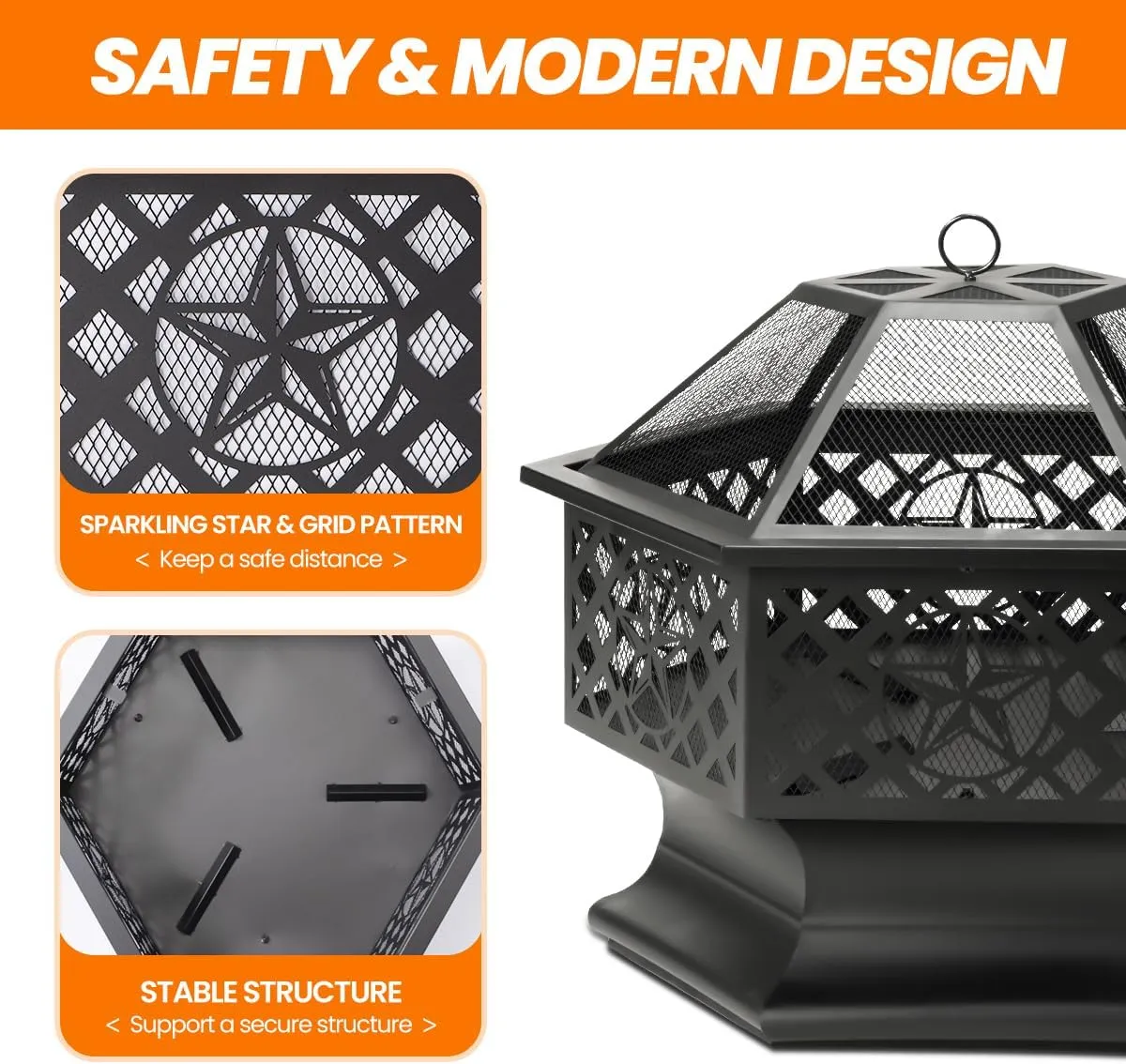 28 Inch Hex-Shaped Fire Pit,Wood Burning Fire Pits for Outside with Spark Screen&Poker,Metal Hexagon Outdoor Firepit for Backyard,Bonfire,Patio,Party,Garden,Picnic and Camping,Black