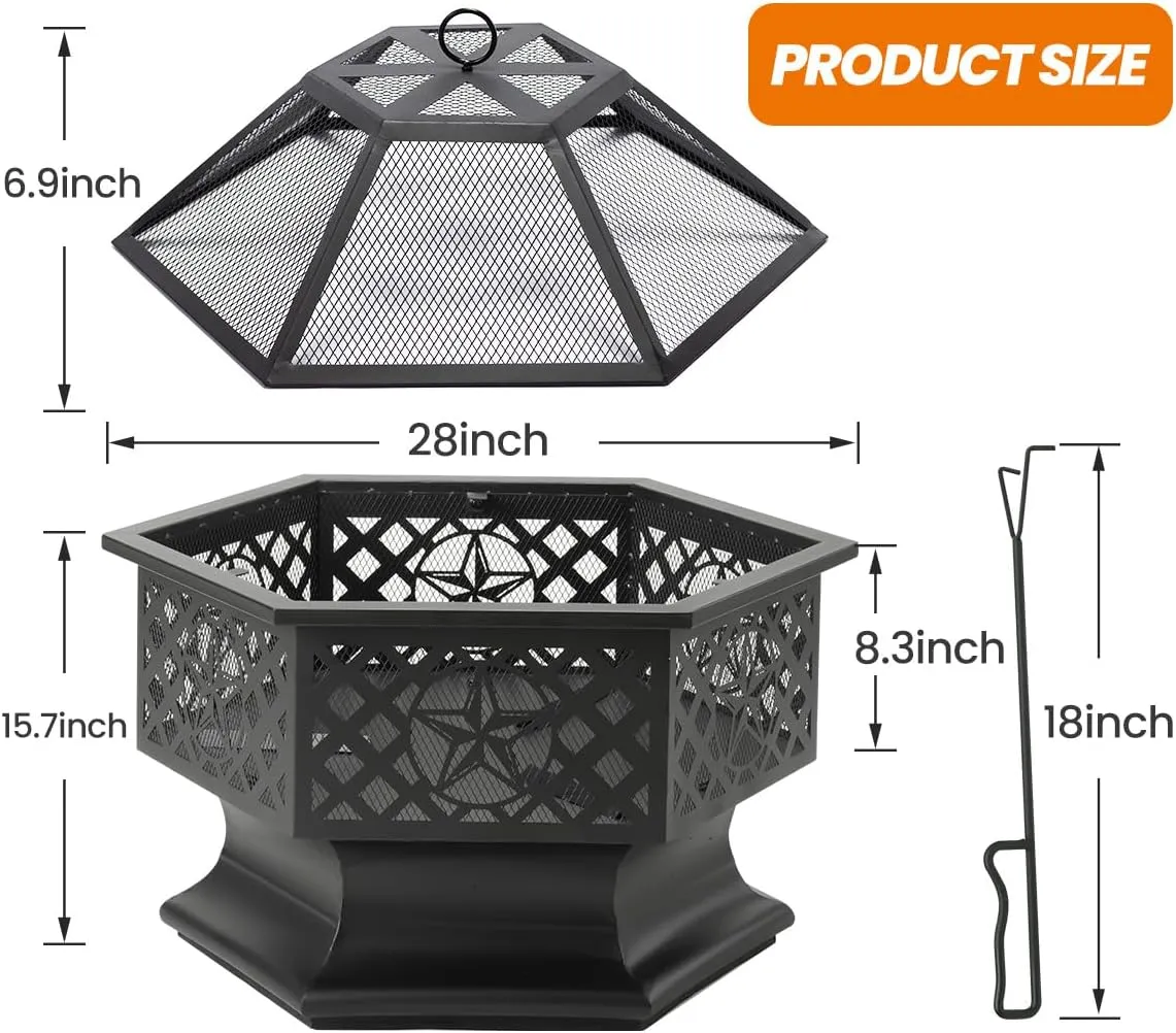 28 Inch Hex-Shaped Fire Pit,Wood Burning Fire Pits for Outside with Spark Screen&Poker,Metal Hexagon Outdoor Firepit for Backyard,Bonfire,Patio,Party,Garden,Picnic and Camping,Black